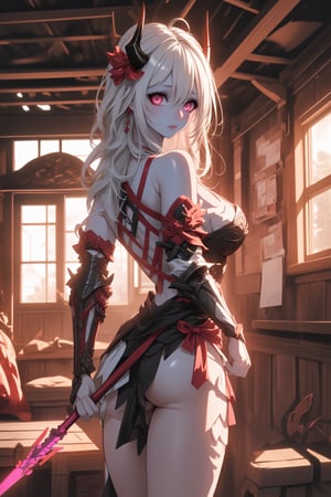 best quality, masterpiece, 8k, oni, bright (pink skin girl), white hair, horns, medieval armor, scenery, wooden house, spear in her hand, red eys