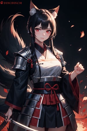 (dinamic pose), (face of a 26 year old girl, body of a 26 year old girl), crimson red eyes, female samurai, armor, skirt, horror style, area lighting, black_kitsune, black_tail, black-hair