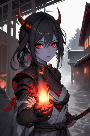 best quality, masterpiece, 8k, oni, bright red skin girl, black hair, horns, ronin armor, scenery, wooden house, spear in her hand, red eys,  samus 