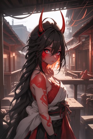best quality, masterpiece, 8k, oni, bright red skin girl, black hair, horns, ninja, scenery, wooden house, holding_weapon, red eys, 