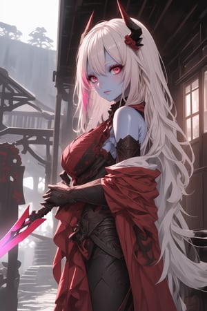 best quality, masterpiece, 8k, oni, bright (pink skin girl), white hair, horns, pirate armor, scenery, wooden house, spear in her hand, red eys