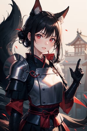 (dinamic pose), (face of a 26 year old girl, body of a 26 year old girl), crimson red eyes, female samurai, armor, skirt, horror style, area lighting, black_kitsune,