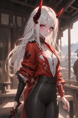 best quality, masterpiece, 8k, oni, bright red skin girl, white hair, horns, military_uniform, scenery, wooden house, sword in her hand, red eys,