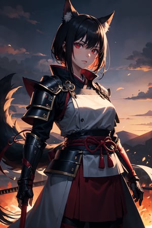 (dinamic pose), (face of a 26 year old girl, body of a 26 year old girl), crimson red eyes, female samurai, armor, skirt, horror style, area lighting, black_kitsune