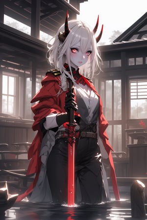 best quality, masterpiece, 8k, oni, bright red skin girl, white hair, horns, military_uniform, scenery, wooden house, spear in her hand, red eys, water