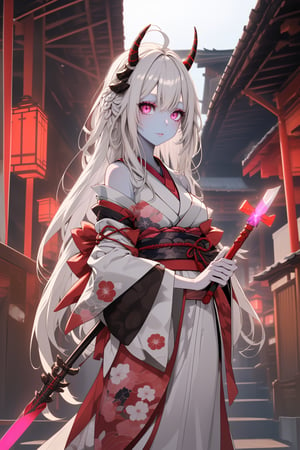 best quality, masterpiece, 8k, oni, bright (pink skin girl), white hair, horns, japanese clothes, kimono, scenery, wooden house, spear in her hand, red eys