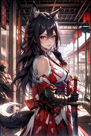 Woman kitsune with black fox ears and fox tail holding a sword in hand,  wearing a ninja armor, in medieval japan, red eyes