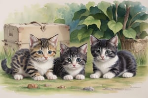 watercolor Beatrix Potter-style kittens,dogs 