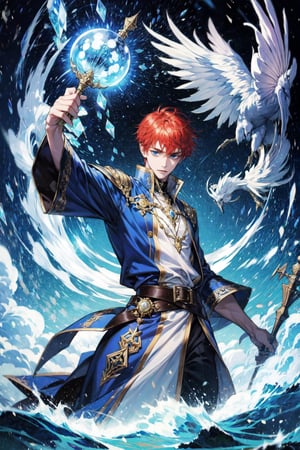 1boy, Solo, Handsome young wizard , wind spell, red hair, blue eyes, medium hair, water spell, (((masterpiece))), wizard staff