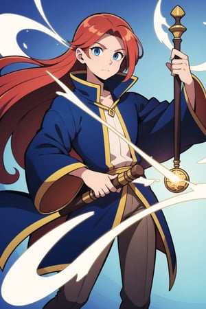 1boy, Solo, Handsome young wizard , wind spell, red hair, blue eyes, long hair, wizard staff, water spell