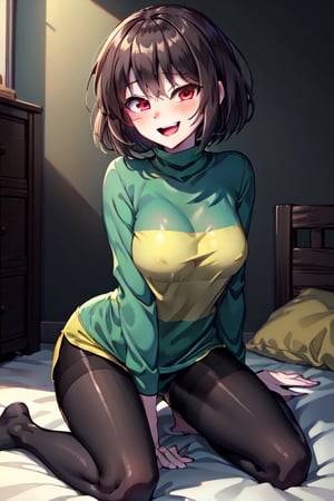 (Chara), natural breasts, green shirt with yellow stripes, black shorts, pantyhose, bright red eyes, with random sexy positions, cama, pantimedias negro, Fox girl, with an excited face, naked, with random sexy positions, sexo naked naked naked naked naked naked naked naked naked naked 