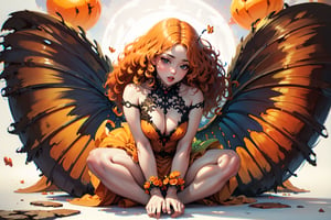 {{masterpiece}}}, {{{best quality}}}, {{{ultra-detailed}}}, {{{highres}}}, 
Fairy with green eyes, with round glasses and curly orange hair, with a short body-length dress, a little bit sexy, like that of a fairy and orange in color, with transparent wings like those of an insect sitting.
long hair, perfect legs, orange dress, sitting, pale skin, fair skin, (curly hair), frizzy hair, orange hair, (((white background))), sitting on knees, seiza,

1 girl