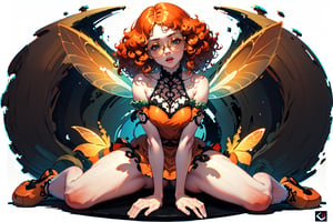 {{masterpiece}}}, {{{best quality}}}, {{{ultra-detailed}}}, {{{highres}}}, 
Fairy with green eyes, with round glasses and curly orange hair, with a short body-length dress, a little bit sexy, like that of a fairy and orange in color, with transparent wings like those of an insect sitting.
long hair, perfect legs, orange dress, sitting, pale skin, fair skin, (curly hair), frizzy hair, orange hair, (((white background)))

1 girl