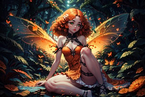 {{masterpiece}}}, {{{best quality}}}, {{{ultra-detailed}}}, {{{highres}}}, 
Fairy with green eyes, with round glasses and curly orange hair, with a short body-length dress, a little bit sexy, like that of a fairy and orange in color, with transparent wings like those of an insect sitting in a background forest, giant forest, 
long hair, perfect legs, orange dress, sitting, pale skin, fair skin, (curly hair), frizzy hair, orange hair, a pair of fairy wings, transparent wings, sleeveless dress,

Magic Forest, 1 girl