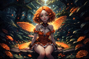 {{masterpiece}}}, {{{best quality}}}, {{{ultra-detailed}}}, {{{highres}}}, 
Fairy with green eyes, with round glasses and curly orange hair, with a short body-length dress, a little bit sexy, like that of a fairy and orange in color, with transparent wings like those of an insect sitting in a background forest, (giant forest and little fairy), 
long hair, perfect legs, orange dress, sitting, pale skin, fair skin, (curly hair), frizzy hair, orange hair, a pair of fairy wings, transparent wings,  

Magic Forest, 1 girl