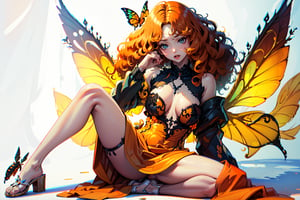 {{masterpiece}}}, {{{best quality}}}, {{{ultra-detailed}}}, {{{highres}}}, 
Fairy with green eyes, with round glasses and curly orange hair, with a short body-length dress, a little bit sexy, like that of a fairy and orange in color, with transparent wings like those of an insect sitting.
long hair, perfect legs, orange dress, sitting, pale skin, fair skin, (curly hair), frizzy hair, orange hair, (((white background)))

1 girl