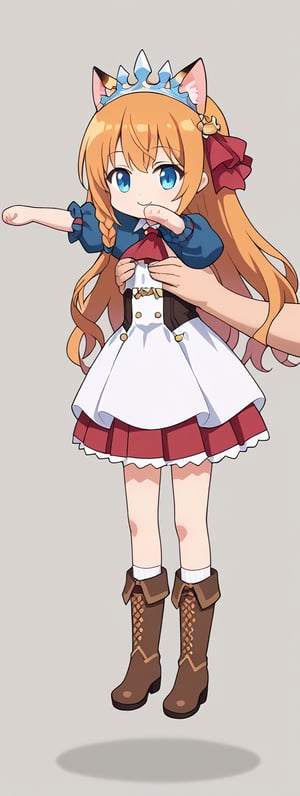 score_9, score_8_up, score_7_up, source_anime, Extreme long Body cat,IncrsXLLCM, full body, cat paw, (chibi, cat),  smile, pecorine, blue eyes, hair ornament, long hair, orange hair, tiara, braid, hair braid, dress, , , red ascot, , blue socks, boots,, pleated skirt, puffy short sleeves,white dress, ,,anime coloring, anime screencap, , anime,, ,official art,,Unedited ,