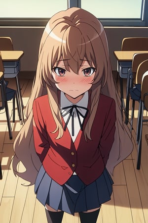 (extremely detailed CG unity 4k wallpaper),(masterpiece),(best quality),(ultra-detailed),(best illustration),(best shadow),(absurdres),(detailed background), Taiga Aisaka, 1girl, solo, long hair, aisaka taiga, thighhighs, school uniform, brown hair, oohashi high school uniform, classroom, view from above, looking at viewer, blushing, embarrassed, ((pov))