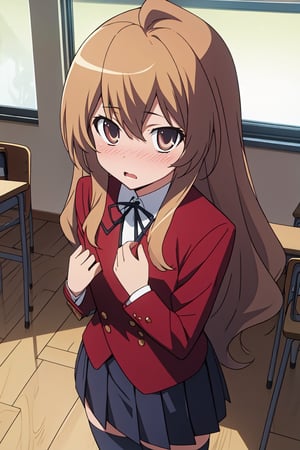 (extremely detailed CG unity 4k wallpaper),(masterpiece),(best quality),(ultra-detailed),(best illustration),(best shadow),(absurdres),(detailed background), Taiga Aisaka, 1girl, solo, long hair, aisaka taiga, thighhighs, school uniform, brown hair, oohashi high school uniform, classroom, view from above, looking at viewer, blushing, embarrassed