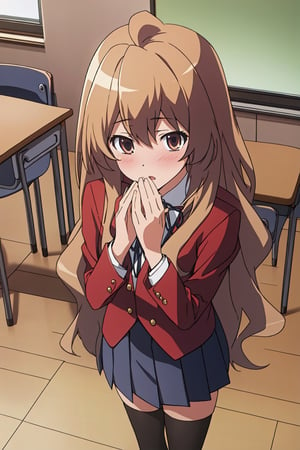 (extremely detailed CG unity 4k wallpaper),(masterpiece),(best quality),(ultra-detailed),(best illustration),(best shadow),(absurdres),(detailed background), Taiga Aisaka, 1girl, solo, long hair, aisaka taiga, thighhighs, school uniform, brown hair, oohashi high school uniform, classroom, view from above, looking at viewer, blushing, embarrassed