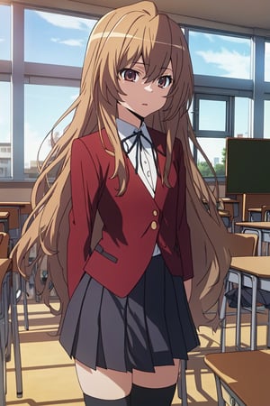 (extremely detailed CG unity 4k wallpaper),(masterpiece),(best quality),(ultra-detailed),(best illustration),(best shadow),(absurdres),(detailed background), Taiga Aisaka, 1girl, solo, long hair, aisaka taiga, thighhighs, school uniform, brown hair, oohashi high school uniform, classroom