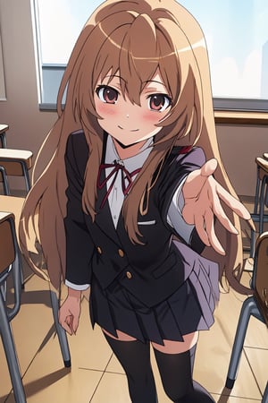 (extremely detailed CG unity 4k wallpaper),(masterpiece),(best quality),(ultra-detailed),(best illustration),(best shadow),(absurdres),(detailed background), Taiga Aisaka, 1girl, solo, long hair, aisaka taiga, thighhighs, school uniform, brown hair, oohashi high school uniform, classroom, view from above, looking at viewer, blushing, reaching out, smiling, ((pov))