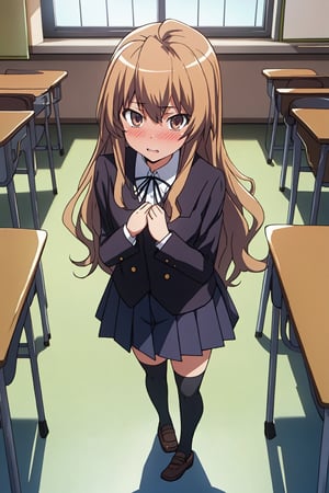 (extremely detailed CG unity 4k wallpaper),(masterpiece),(best quality),(ultra-detailed),(best illustration),(best shadow),(absurdres),(detailed background), Taiga Aisaka, 1girl, solo, long hair, aisaka taiga, thighhighs, school uniform, brown hair, oohashi high school uniform, classroom, view from above, looking at viewer, blushing, embarrassed, ((pov))