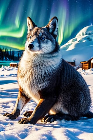 an image: high resolution, photorealistic, intricate, Santa's pet, Jingle the Frosty Feline, Arctic fox with ice-blue fur, fluffy winter coat, sparkling silver whiskers, twinkling blue eyes, magnificent snowy landscape, snow-covered mountains, frozen lake, swirling snowflakes, cozy igloo, soft reindeer fur blanket, snow-dusted pine trees, playful penguins, hopping rabbits, magical northern lights, cool colors, pastel colors, enchanting atmosphere, side view, looking at viewer, cheerful, vibrant, adorable paw prints leading the way