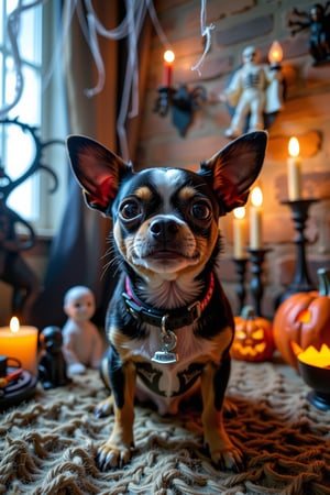 VENOM, In a whimsical Halloween scene, a chihuahua dons a hilarious Venom character face, blending cuteness with comic menace. The setting features a dimly lit room, adorned with cobwebs and flickering candles. Shadows dance on the walls, creating an eerie yet playful atmosphere. The camera, a Nikon D850, captures this quirky moment with a 35mm lens, f/2.8 aperture, and ISO 400 for vibrant detail. The soft, warm lighting highlights the chihuahua's expressive eyes and the exaggerated Venom grin. Surrounding elements include spooky decorations, like ghostly figures and colorful pumpkins, enhancing the festive spirit of Halloween. Collar reads "Venom", closeup photo 