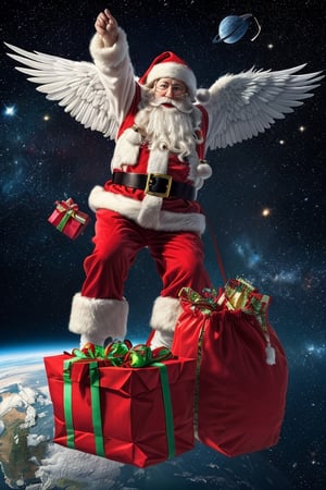 (Santa Claus has angelic wings and is flying:1.1), (Santa Claus, in holiday), ((out of the world, space)), (carying bag of gifts 🎁:1.1)

((best quality)), ((masterpiece)), (detailed),  bold colors and lively textures that make the image pop. ((masterpiece)), absurdres, HDR