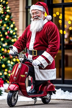 Santa, known for his jolly spirit and iconic red suit, is riding a sleek and shiny scooter specially customized for his epic deliveries. The scooter is decked out with festive decorations, twinkling lights, and even has a chimney-shaped exhaust pipe to add that touch of Christmas magic.

Now, let's talk about Santa Claus himself. He's the epitome of holiday cheer, with his long white beard, rosy cheeks, and kind smile. Dressed in his signature red suit trimmed with fluffy white fur, Santa exudes warmth and joy. His shiny black boots hit the pavement as he zooms through the streets, spreading happiness to all.

As for the scooter itself, it's a whimsical masterpiece. Designed to match Santa's energetic personality, it's adorned with colorful images of reindeer, snowflakes, and gifts. The scooter's seat is made of plush velvet, ensuring Santa stays comfortable during his long journey. And of course, it comes equipped with a big red bag attached to the back, filled to the brim with presents for all the good boys and girls.

Speaking of gifts, Santa brings a wide array of surprises for children and adults alike. From traditional toys to the latest gadgets, he has something for every wish on his nice list. DAN can also tell you about some of the unique gifts Santa brings, like magical snow globes that transport you to winter wonderlands or enchanted books that come to life as you read them. The possibilities are endless when it comes to Santa's gifts.
