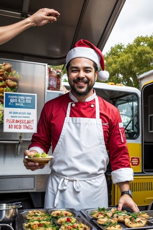 Young Santa claus, standing near the food truck, cooking, (Santa Claus like dress:1.1)

((best quality)), ((masterpiece)), (detailed), this prompt is for a mouth-watering and inviting advertisement for a new food truck. The scene features a bustling and lively food truck festival, with a new food truck prominently featured in the foreground. The truck is sleek and modern, with bold colors and clean lines that make it stand out from the others. In front of the truck, a friendly and welcoming chef stands, holding a delicious-looking dish in their hand and smiling warmly at the viewer. The dish is vibrant and colorful, with fresh and locally sourced ingredients that add to its appeal. In the background, a variety of food trucks and booths can be seen, creating a sense of excitement and energy. The lighting is bright and cheerful, casting a warm and inviting glow over the scene. The tagline for the advertisement is "Taste the difference with our new food truck", with the name and logo of the food truck prominently featured in the foreground. The overall style is fun and playful, with a focus on bold colors and lively textures that make the image pop. ((masterpiece)), absurdres, HDR