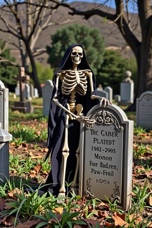 TOMBSTONE, The skeletal figure, crafted by the macabre artist, stands solemnly beside a weathered tombstone. Adorned in a tattered cloak, its bony frame casts an eerie presence. The scene is captured through the lens of a Nikon D3500, its aperture set to f/8 and shutter speed at 1/100s, casting dramatic shadows and highlights across the graveyard setting. The surrounding landscape, a sea of crumbling headstones and gnarled trees, creates a hauntingly atmospheric ambiance, perfect for a moody, Halloween-inspired interpretation.