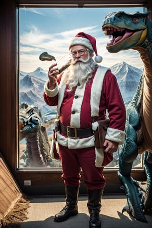 Young Santa claus, exploring the world, (visiting science museum, dinosaur, time travel:1.3)

((best quality)), ((masterpiece)), (detailed),  bold colors and lively textures that make the image pop. ((masterpiece)), absurdres, HDR