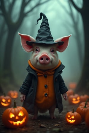 HALLOWEEN COSTUME, An angry pig dons a costume. He wears a spooky witch hat. Bright orange and black colors clash. The setting is a haunted forest. Gnarled trees loom ominously nearby. Fog creeps along the ground. Jack-o'-lanterns flicker with mischief. The ambience is playful yet eerie. A Nikon D850 captures this scene. ISO set to 400, f/4 aperture. Soft lighting highlights his mischievous grin. Inspired by Tim Burton's quirky style. The pig embodies Halloween spirit perfectly. A whimsical twist on classic characters.