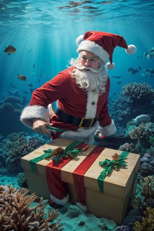 (Santa Claus swimming, gift box in hand:1.5), (Santa Claus, underwater), ((swimming)), (carying bag of gifts 🎁:1.1)

deep-sea creatures, ship navigating, dark and mysterious underwater scene, visually stunning ocean depths, bioluminescent organisms, diverse and colorful marine life, coral reefs and exotic fish, submerged shipwrecks and ancient ruins, sun rays piercing through the water, deep blue and emerald hues of the ocean, aquatic plants and seagrass swaying in the currents, shimmering schools of fish in synchronized motion, the perfect blend of realism and imagination, transporting viewers to an enchanting realm beneath the waves, (best quality, 4k, 8k, highres, masterpiece:1.2), ultra-detailed,(realistic, photorealistic, photo-realistic:1.3), HDR,UHD,studio lighting,ultra-fine painting,sharp focus,physically-based rendering,extreme detail description,professional,vivid colors,bokeh,underwater photography,underwater exploration,marine fantasy art,underwater dreamscape,submerged wonderland,hidden treasures of the deep,underwater voyages of discovery,dark depths and vibrant life beneath the waves,luminous and captivating oceanic realm,lifelike textures and mesmerizing visuals,dreamlike and ethereal underwater environment,immersive and awe-inspiring exploration of the deep sea,wondrous world of the ocean depths,underwater,

((best quality)), ((masterpiece)), (detailed),  bold colors and lively textures that make the image pop. ((masterpiece)), absurdres, HDR