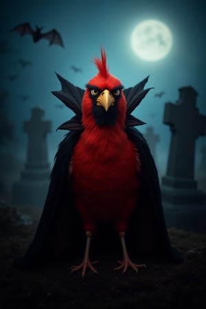 HALLOWEEN COSTUME, Red, the iconic bird, transforms. He wears a vibrant vampire cape. Fangs peek out from his beak. The setting is a spooky graveyard. Tombstones rise under a full moon. Wisps of fog drift eerily. Bats flutter in the night sky. The ambience is thrilling and fun. A Sony Alpha a7 III captures this. ISO set to 640, f/2.0 aperture. Dramatic lighting highlights his fierce expression. Inspired by classic horror films. Red embodies Halloween mischief perfectly. A playful twist on a beloved character.