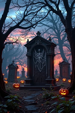 TOMBSTONE, Spooky graveyard at dusk falls. Flickering jack-o-lanterns light path. Creepy trees loom overhead, casting long shadows. Eerie fog rolls in, shrouding tombstones. A decrepit, ancient tombstone stands, adorned with cobwebs, a gateway to hell. Inspired by H.R. Giger's dark art, the scene is set. Camera: Nikon D850, 24-70mm lens, f/2.8 aperture, ISO 400. Lighting: warm, golden hour tones, with flashes of eerie blue. Atmosphere: foreboding, ominous, and haunting. Surroundings: crumbling mausoleums, overgrown with vines, and twisted, gnarled trees. Settings: dark, moody, and suspenseful, with an air of malevolence.