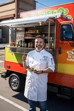 Young Santa claus, standing near the food truck, cooking 

((best quality)), ((masterpiece)), (detailed), this prompt is for a mouth-watering and inviting advertisement for a new food truck. The scene features a bustling and lively food truck festival, with a new food truck prominently featured in the foreground. The truck is sleek and modern, with bold colors and clean lines that make it stand out from the others. In front of the truck, a friendly and welcoming chef stands, holding a delicious-looking dish in their hand and smiling warmly at the viewer. The dish is vibrant and colorful, with fresh and locally sourced ingredients that add to its appeal. In the background, a variety of food trucks and booths can be seen, creating a sense of excitement and energy. The lighting is bright and cheerful, casting a warm and inviting glow over the scene. The tagline for the advertisement is "Taste the difference with our new food truck", with the name and logo of the food truck prominently featured in the foreground. The overall style is fun and playful, with a focus on bold colors and lively textures that make the image pop. ((masterpiece)), absurdres, HDR