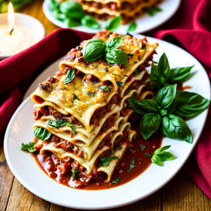 masterpiece, 8K, UHD, detailed, tantalizing Italian cuisine, savory lasagna, layers of al dente pasta, rich tomato sauce, creamy béchamel, aromatic herbs, melted mozzarella, grated Parmesan, golden crust, topped with fresh basil leaves, served on a porcelain plate, wrapped in a festive bow, vibrant red and green colors, intricate ribbons, handcrafted tag with "Buon Appetito!" written in elegant calligraphy, background of a rustic Italian kitchen, wooden countertop, vintage cookware, hanging garlic bulbs, simmering pots, warm atmosphere, dimly lit by a flickering candle, atmospheric glow, mid-close-up shot, capturing the delicious aroma, making mouths water, evoking memories of home-cooked meals, family gatherings, and festive holiday feasts.
