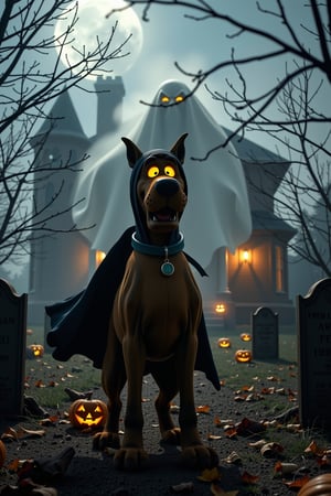 PHANTOM, Scooby Doo becomes Phantom Fright. Spooky mask covers his face. Tattered black cape flows behind. Glowing eyes shine brightly. Creepy abandoned mansion backdrop. Flickering jack-o-lanterns light darkness. Eerie fog rolls in slowly. Canon EOS 5D Mark IV camera captures scene. Lens set to 50mm f/1.2. ISO 800, shutter speed 1/200s. Moody low-key lighting. Inspired by Edvard Munch's style. Scooby Doo's phantom figure looms large. Ghostly mist surrounds his body. Haunted house atmosphere prevails. Dark shadows dance on walls. Mysterious graveyard surrounds mansion. Gravestones bear spooky sayings. "Phantom of Coolsville" sign appears.