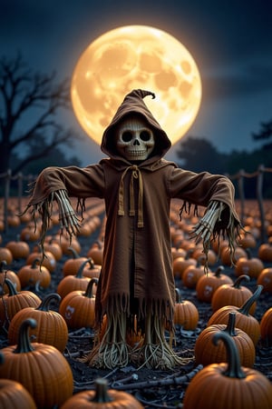 SCARECROW, The spooky scarecrow, crafted by the whimsical artist, stands tall in a moonlit pumpkin patch. Dressed in a tattered cloak and a crooked grin, its eerie presence commands attention. The scene is captured through the lens of a Nikon D5600, its aperture set to f/4.5 and shutter speed at 1/125s, casting dramatic shadows and highlights across the scarecrow's form. The surrounding landscape, a sea of jack-o'-lanterns and withered vines, creates a hauntingly festive ambiance, perfect for a playful, Halloween-inspired interpretation.