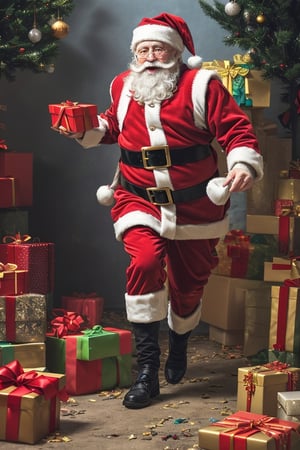 (Santa Claus running, gift box in hand:1.1), (Santa Claus, in holiday), ((running, in a hurry)), (carying bag of gifts 🎁:1.1)

((best quality)), ((masterpiece)), (detailed),  bold colors and lively textures that make the image pop. ((masterpiece)), absurdres, HDR