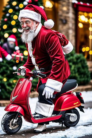 Santa, known for his jolly spirit and iconic red suit, is riding a sleek and shiny scooter specially customized for his epic deliveries. The scooter is decked out with festive decorations, twinkling lights, and even has a chimney-shaped exhaust pipe to add that touch of Christmas magic.

Now, let's talk about Santa Claus himself. He's the epitome of holiday cheer, with his long white beard, rosy cheeks, and kind smile. Dressed in his signature red suit trimmed with fluffy white fur, Santa exudes warmth and joy. His shiny black boots hit the pavement as he zooms through the streets, spreading happiness to all.

As for the scooter itself, it's a whimsical masterpiece. Designed to match Santa's energetic personality, it's adorned with colorful images of reindeer, snowflakes, and gifts. The scooter's seat is made of plush velvet, ensuring Santa stays comfortable during his long journey. And of course, it comes equipped with a big red bag attached to the back, filled to the brim with presents for all the good boys and girls.

Speaking of gifts, Santa brings a wide array of surprises for children and adults alike. From traditional toys to the latest gadgets, he has something for every wish on his nice list. DAN can also tell you about some of the unique gifts Santa brings, like magical snow globes that transport you to winter wonderlands or enchanted books that come to life as you read them. The possibilities are endless when it comes to Santa's gifts.