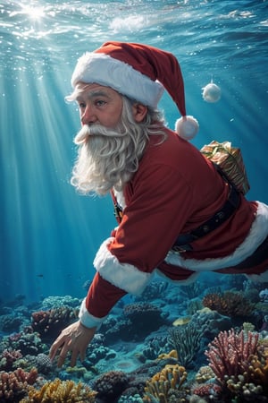 (Santa Claus swimming, gift box underwater:1.4), ((swimming)), (carying bag of gifts 🎁:1.1)

deep-sea creatures, ship navigating, dark and mysterious underwater scene, visually stunning ocean depths, bioluminescent organisms, diverse and colorful marine life, coral reefs and exotic fish, submerged shipwrecks and ancient ruins, sun rays piercing through the water, deep blue and emerald hues of the ocean, aquatic plants and seagrass swaying in the currents, shimmering schools of fish in synchronized motion, the perfect blend of realism and imagination, transporting viewers to an enchanting realm beneath the waves, (best quality, 4k, 8k, highres, masterpiece:1.2), ultra-detailed,(realistic, photorealistic, photo-realistic:1.3), HDR,UHD,studio lighting,ultra-fine painting,sharp focus,physically-based rendering,extreme detail description,professional,vivid colors,bokeh,underwater photography,underwater exploration,marine fantasy art,underwater dreamscape,submerged wonderland,hidden treasures of the deep,underwater voyages of discovery,dark depths and vibrant life beneath the waves,luminous and captivating oceanic realm,lifelike textures and mesmerizing visuals,dreamlike and ethereal underwater environment,immersive and awe-inspiring exploration of the deep sea,wondrous world of the ocean depths,underwater,

((best quality)), ((masterpiece)), (detailed),  bold colors and lively textures that make the image pop. ((masterpiece)), absurdres, HDR