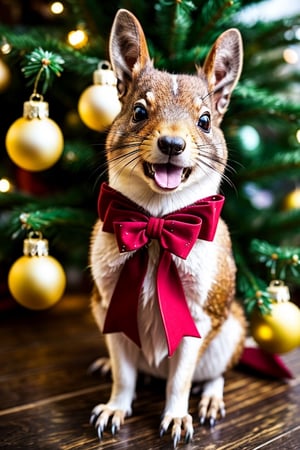 an image: high resolution, photorealistic, intricate, vibrant, unique Santa pet, named Fluffernutter, a combination of a magical reindeer and a mischievous squirrel, small fluffy body covered in soft fur, adorable button-like black eyes, delicate antlers adorned with sparkling ornaments, tiny pointed hooves for climbing trees, long fluffy tail that resembles a bushy squirrel tail, nimble paws with sharp claws, fur color transitioning from warm brown to snowy white, cute red bow tied around the neck, standing on a snowy branch of a tall Christmas tree, surrounded by colorful twinkling lights, shiny baubles, and glittering snowflakes, cheerful smile on its face, playful and curious personality, magical aura emanating from its presence, creating a sense of wonder and joy.
