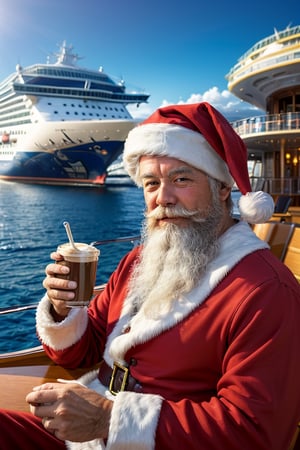 Young Santa claus, exploring the world, (cruise ship:1.3)

((best quality)), ((masterpiece)), (detailed), 
(Sipping cold coffee:1.3), Panama coffee, bold colors and lively textures that make the image pop. ((masterpiece)), absurdres, HDR