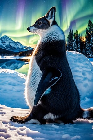 an image: high resolution, photorealistic, intricate, Santa's pet, Jingle the Frosty Feline, Arctic fox with ice-blue fur, fluffy winter coat, sparkling silver whiskers, twinkling blue eyes, magnificent snowy landscape, snow-covered mountains, frozen lake, swirling snowflakes, cozy igloo, soft reindeer fur blanket, snow-dusted pine trees, playful penguins, hopping rabbits, magical northern lights, cool colors, pastel colors, enchanting atmosphere, side view, looking at viewer, cheerful, vibrant, adorable paw prints leading the way