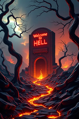 TOMBSTONE, Glowing neon sign reads "Welcome to HELL". Flickering lights illuminate dark path. Lava flows beneath ancient tombstone, a gateway to hell. Twisted, gnarled trees loom overhead, casting eerie shadows. A winding, treacherous pathway leads to volcano's fiery depths. Inspired by the dark, gothic art of H.R. Giger and Zdzisław Beksiński, the scene is set. Camera: Nikon D850, 24-70mm lens, f/2.8 aperture, ISO 400. Lighting: intense, fiery oranges and yellows, with flashes of deep red and neon pink. Atmosphere: foreboding, ominous, and apocalyptic. Surroundings: rugged, rocky terrain, with smoldering embers and burning ash. Settings: dark, intense, and perilous, with an air of malevolence and despair.