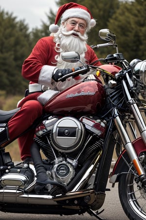 (fitness, fit body:1.1), (Santa Claus, in holiday), motorcycle, (Harley Davidson)

((best quality)), ((masterpiece)), (detailed),  bold colors and lively textures that make the image pop. ((masterpiece)), absurdres, HDR